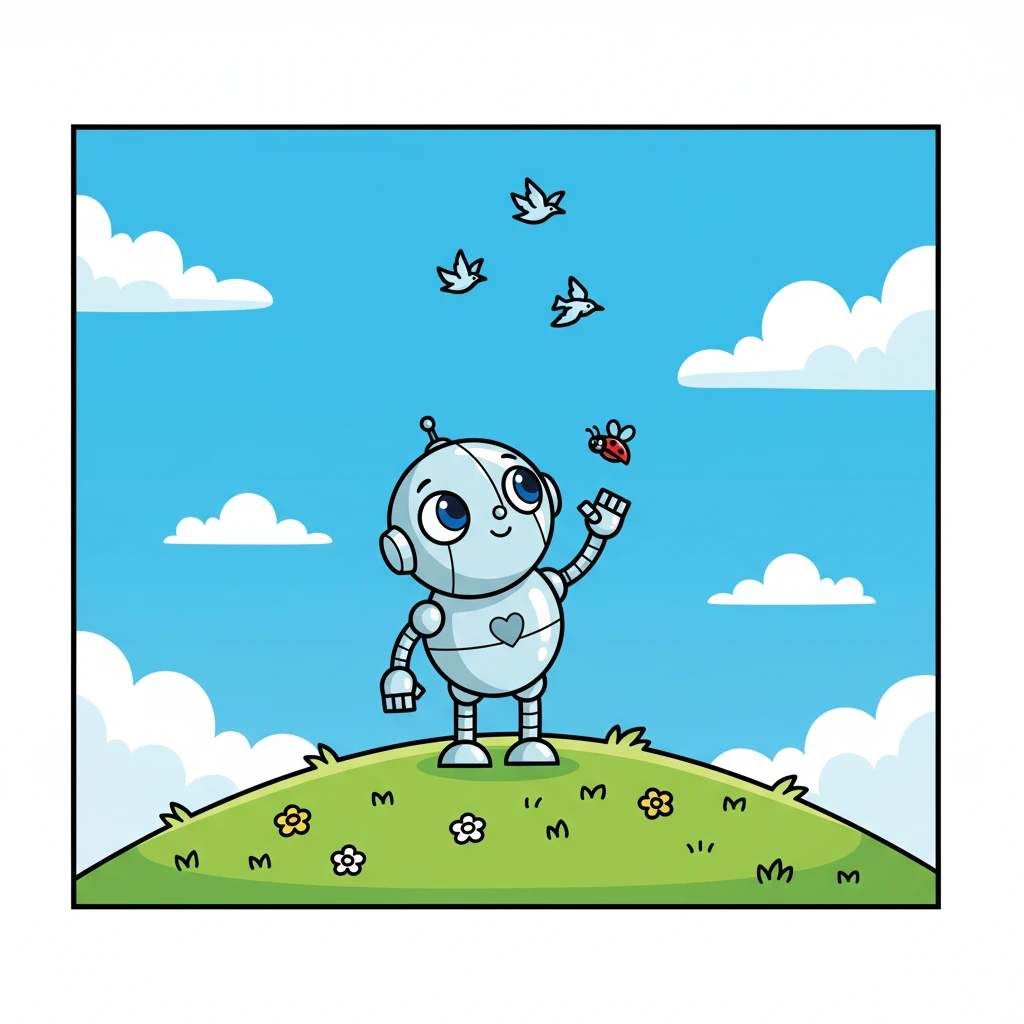 Bolt, a small, round robot with big, curious eyes, stood on a grassy hill, gazing up at the sky. Birds soared gracefully, fluffy clouds drifted by, and even a tiny ladybug fluttered past. Bolt longed to join them, his metallic heart full of a wish to fly.