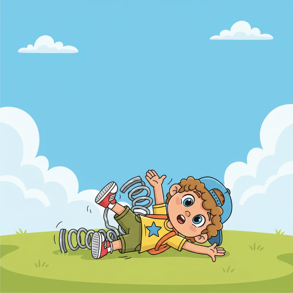 Determined, Bolt attached giant springs to his feet, bouncing with all his might. He leaped high, his arms flailing like a windmill, but gravity quickly pulled him down with a comical 'boing!' He landed in a heap, springs tangled, but a hopeful spark still twinkled in his eyes.