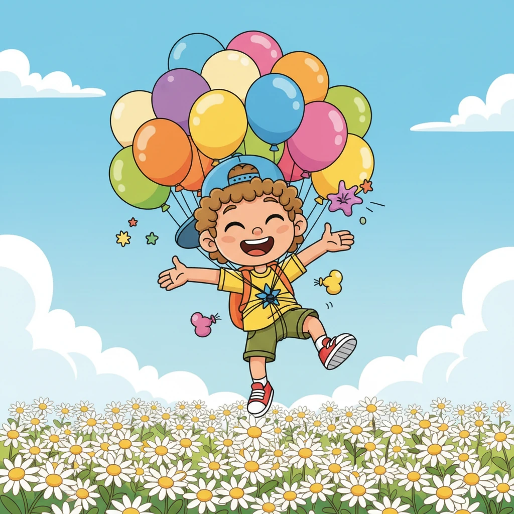 Next, Bolt gathered a bunch of colorful balloons, tying them securely to his little body. He floated up a few feet, giggling with delight, but suddenly, one by one, the balloons popped with tiny 'pows!' Bolt tumbled gently back to the ground, landing softly on a bed of daisies.