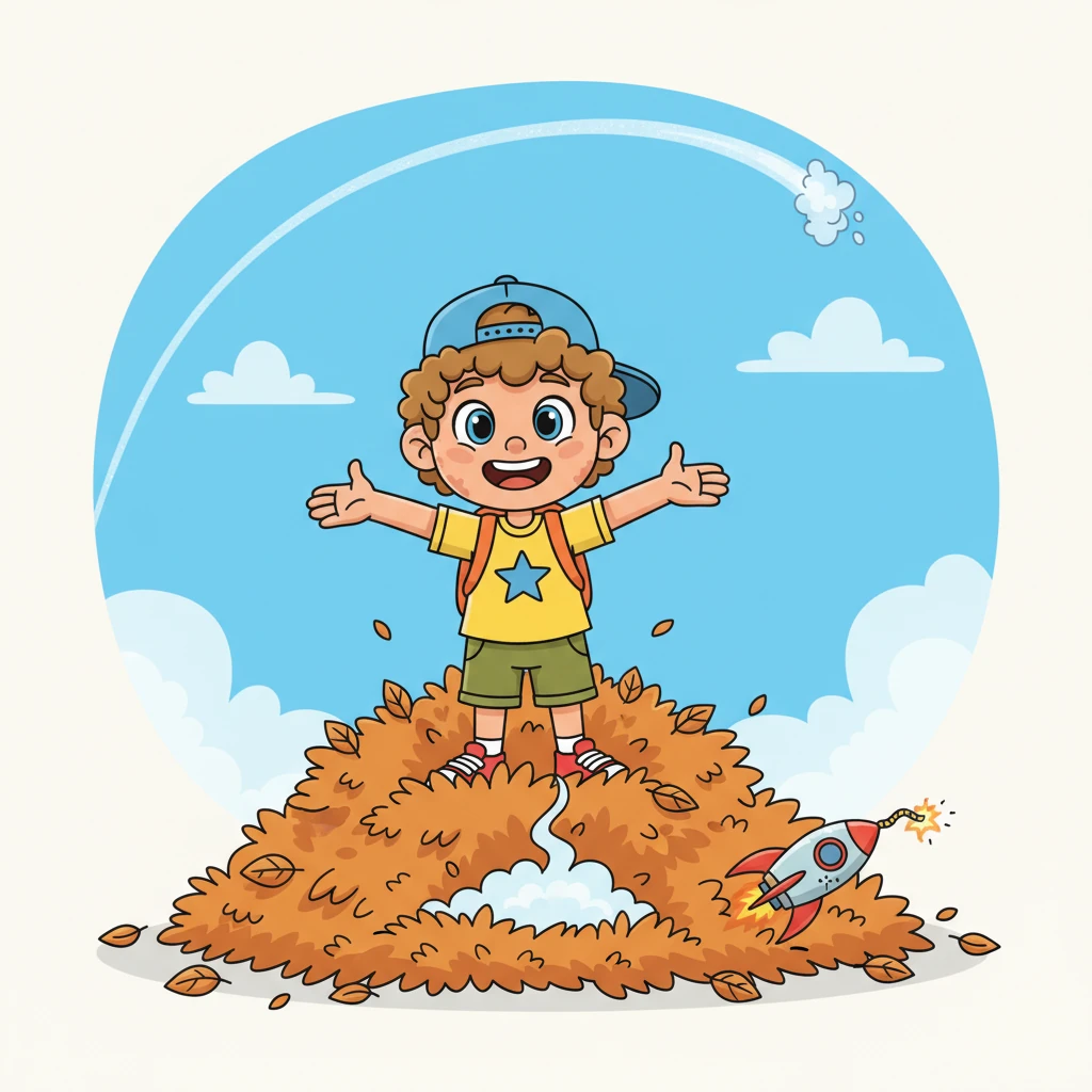 With a new burst of inspiration, Bolt built a small, shiny rocket, complete with a tiny exhaust pipe. He lit the fuse, and with a 'WHOOSH!' the rocket zoomed upwards, but it quickly spun out of control, crashing into a pile of soft leaves with a puff of smoke. Bolt emerged, slightly singed but unharmed.