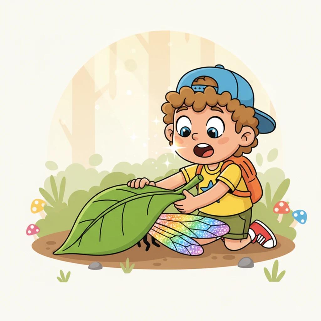 Just as he was about to give up, Bolt spotted something shimmering under a large leaf. He carefully pushed the leaf aside to reveal a pair of magnificent, iridescent wings, sparkling with all the colors of the rainbow. They looked just his size!