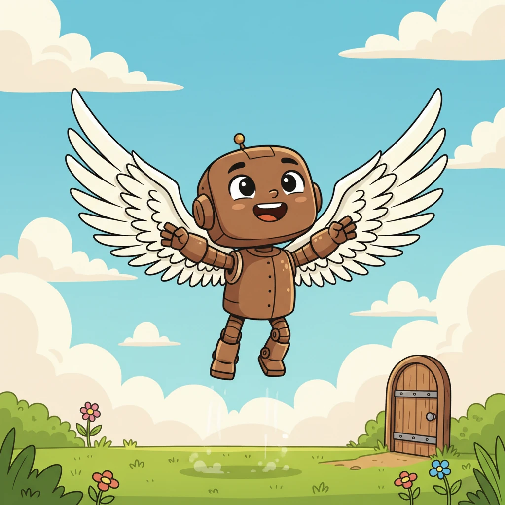 With renewed excitement, Bolt carefully attached the beautiful wings to his back. He took a deep breath, wiggled his little body, and gave a tentative flap. He wobbled at first, then slowly, majestically, he began to rise, his tiny robot feet leaving the ground.