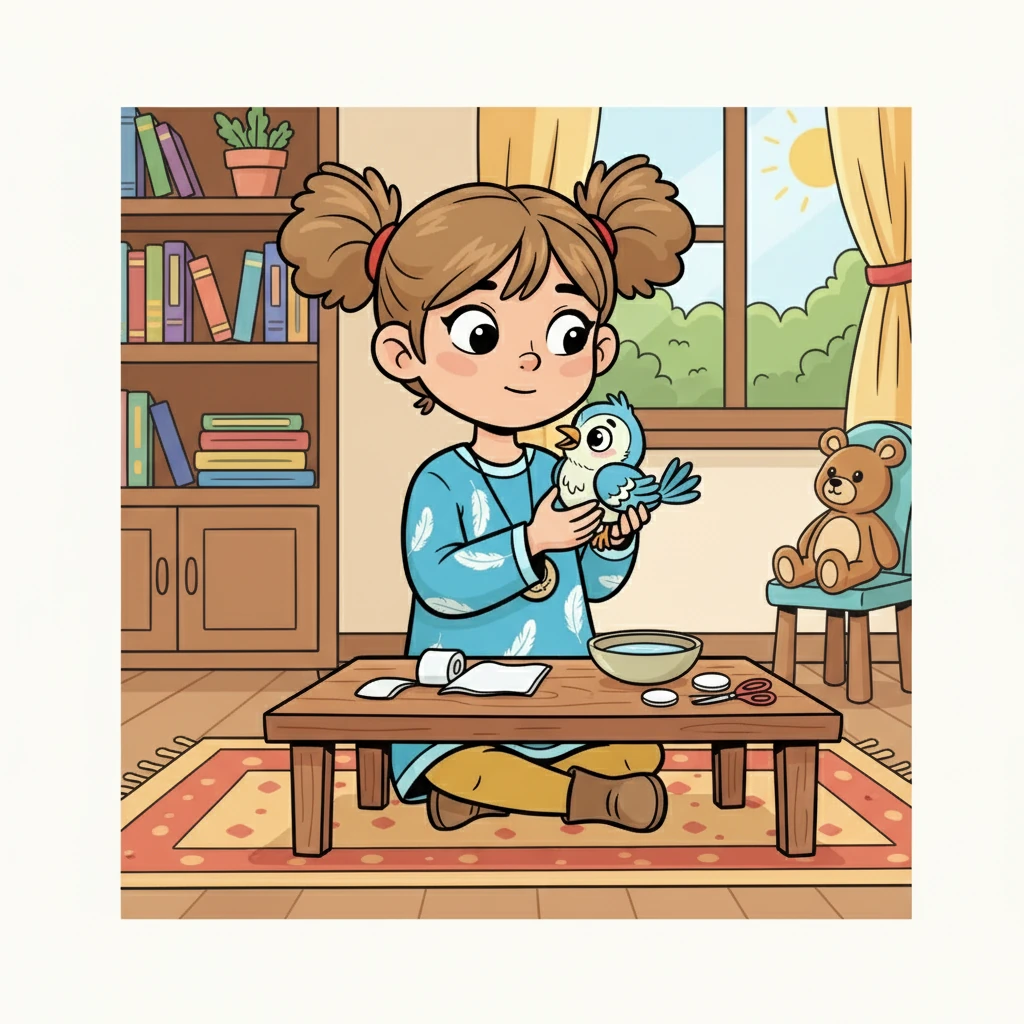 Аружан құсты ақырын қолына алып, үйіне алып келді. Ол құстың қанаттарын таңу үшін барлық қажетті заттарды дайындады. Құс қорқып, бірақ Аружанның мейірімін сезді.