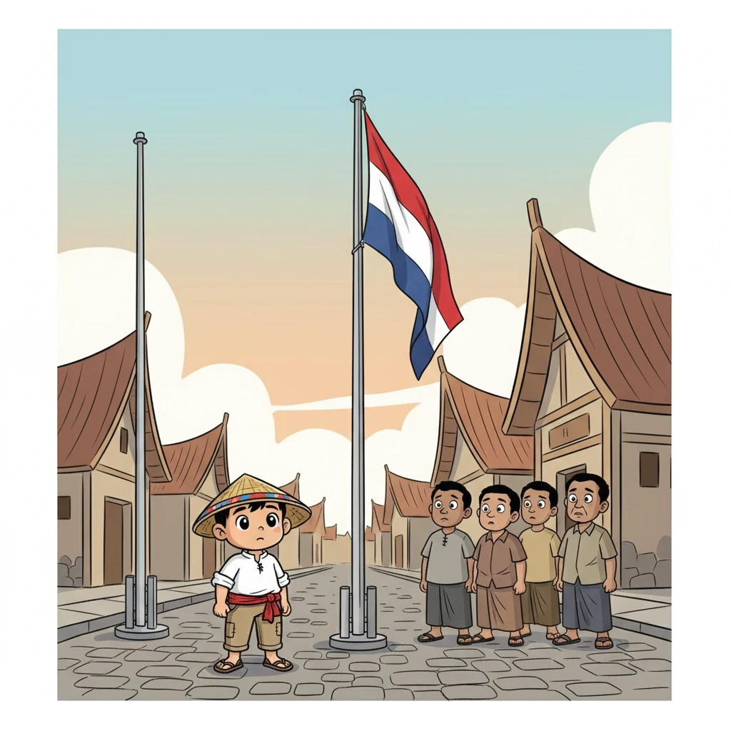 Belanda, yang melemah karena Perang Dunia II, kini tak berdaya. Bendera Belanda perlahan turun, digantikan dengan rasa cemas dan ketidakpastian di wajah warga Indonesia. Budi kecil menyaksikan perubahan ini dengan mata penuh rasa ingin tahu.