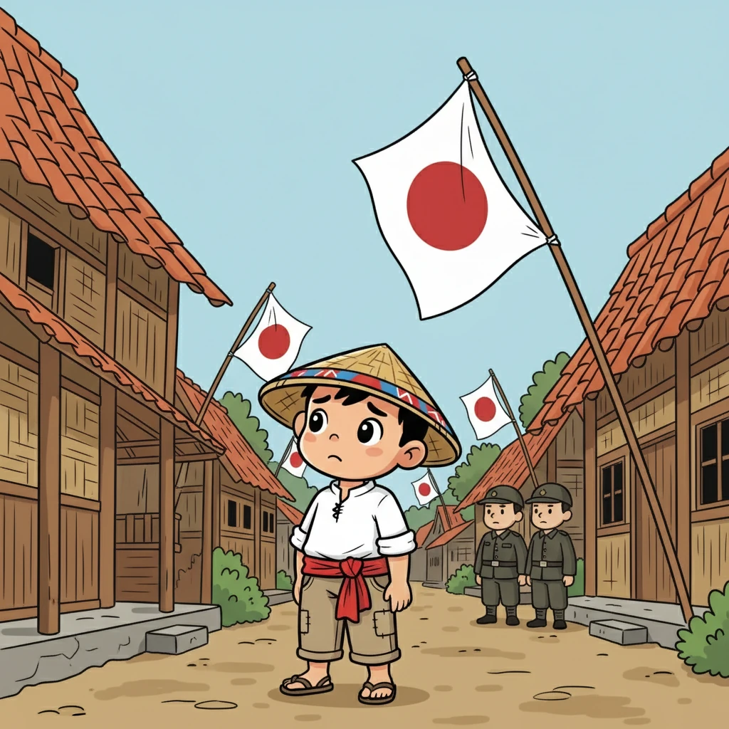 Jepang membagi Indonesia menjadi tiga wilayah militer, mengendalikan setiap aspek kehidupan. Rumah-rumah dihiasi dengan bendera Jepang. Budi dan keluarganya merasakan tekanan dan pengawasan yang semakin meningkat.