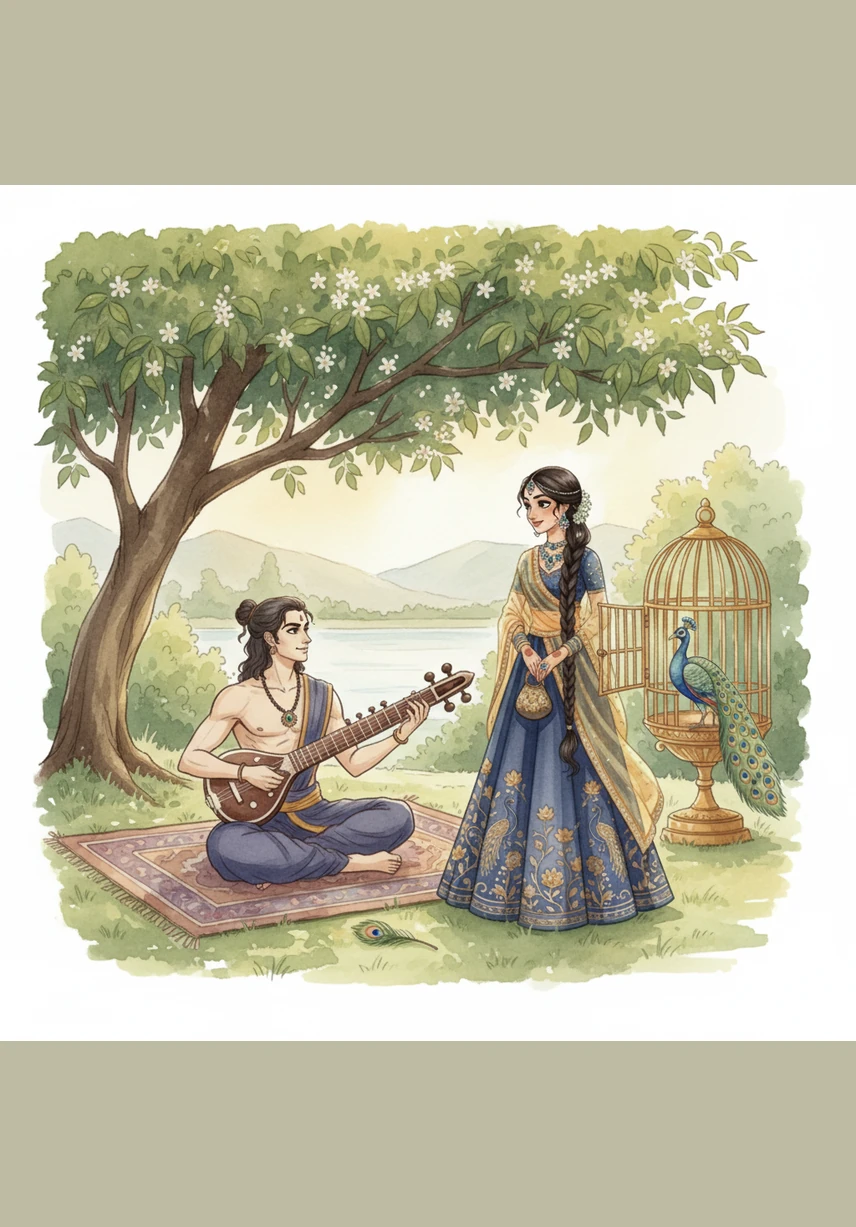 Arjun sits under a blooming gulmohar tree, his fingers dancing across the strings of his sitar. The vibrant orange flowers carpet the ground as his melody drifts toward the high marble balconies of the royal palace.