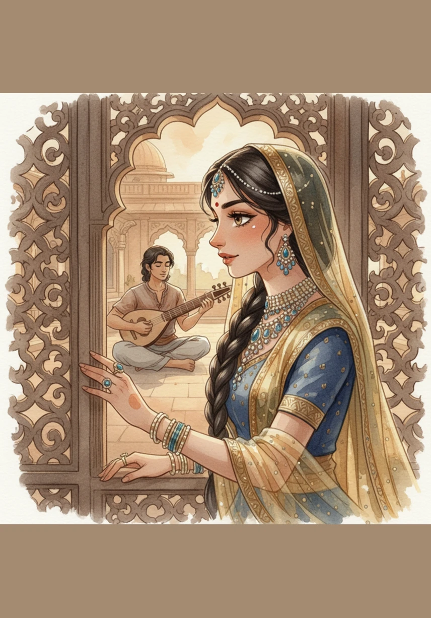 Princess Ananya, draped in fine silk and gold ornaments, peers through the intricate stone jali of her chamber. She is mesmerized by the soulful music and the humble musician who creates such beauty from simple wood and wire.