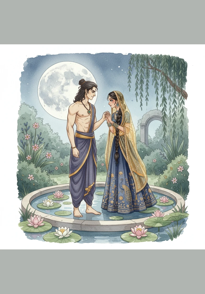 Under the silver glow of a full moon, the two meet by the lotus pond in the secret royal garden. They speak in hushed whispers, sharing dreams that the rigid laws of the kingdom would never allow for a princess and a commoner.