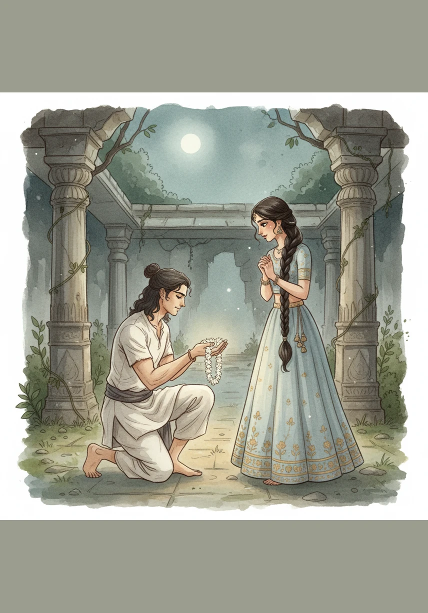 Arjun presents Ananya with a simple jasmine garland he wove himself, a humble gift compared to her royal jewels. She accepts it with a smile that outshines the stars, valuing the scent of his devotion more than diamonds.