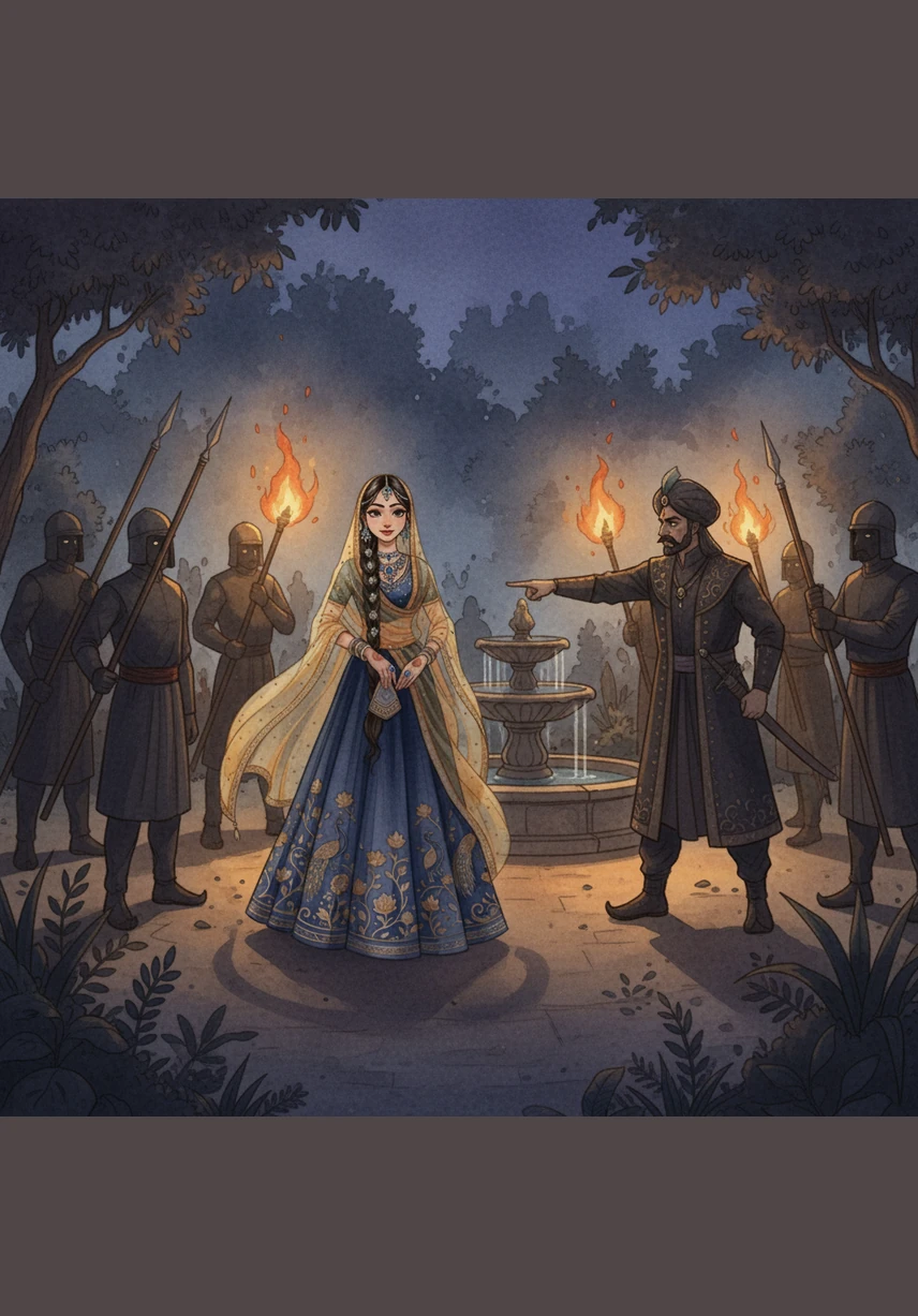 Shadows loom as the palace guards, led by the stern Royal Vizier, discover the lovers during a secret meeting. The peaceful garden is suddenly filled with the harsh clatter of spears and the orange flicker of threatening torches.