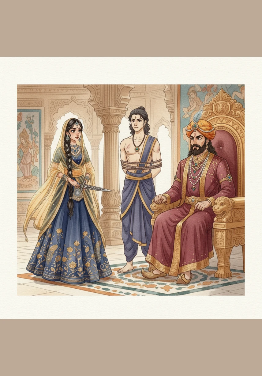Ananya pleads with her father, the Maharajah, but his heart remains as hard as the emeralds on his throne. He insists that a princess must marry for power and tradition, not for the fleeting songs of a wandering musician.
