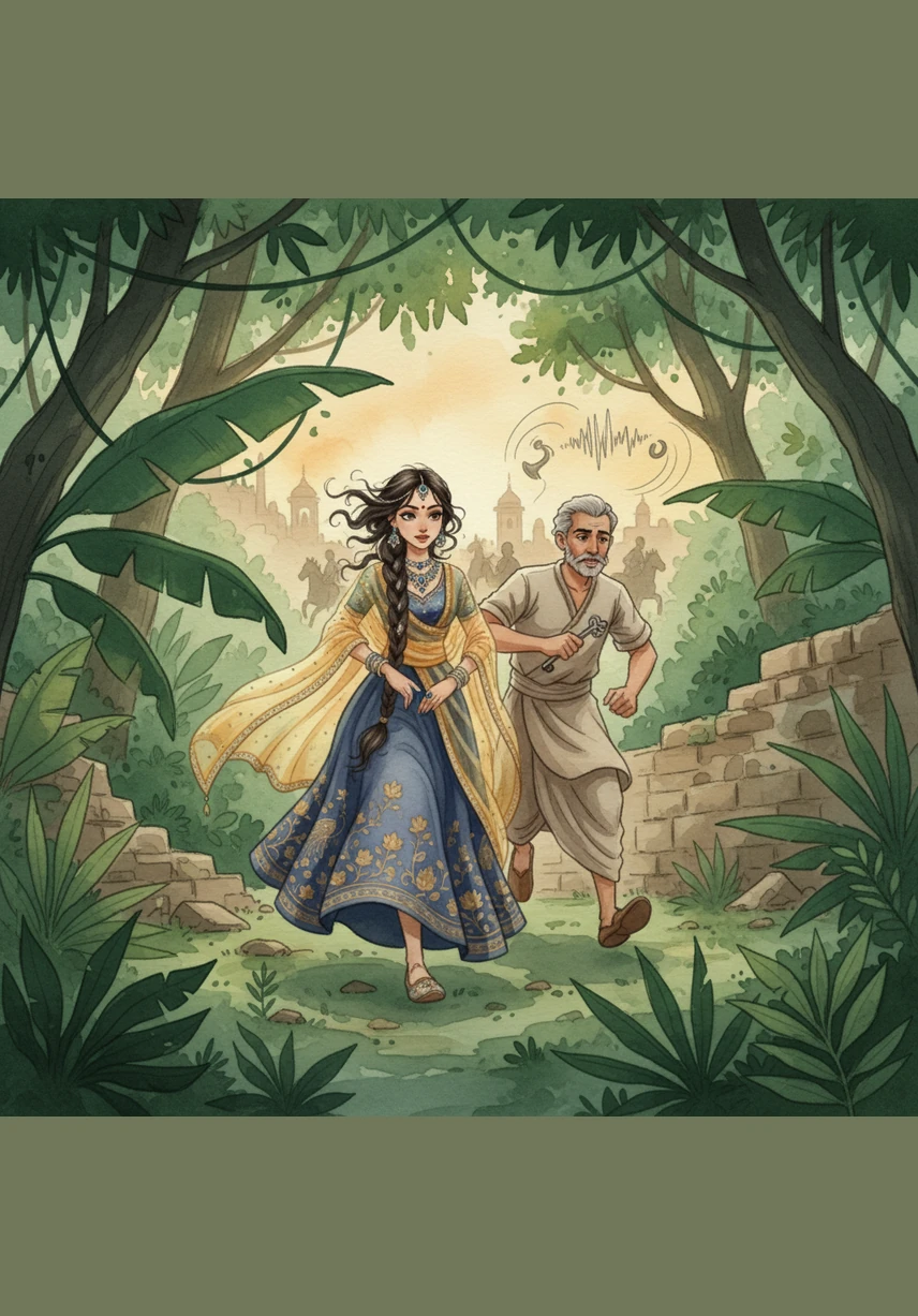 With the help of a loyal servant, Ananya escapes the palace walls at dawn to find the key to Arjun’s cell. They flee together into the dense, emerald jungles, pursued by the thunderous sound of galloping horses and royal horns.