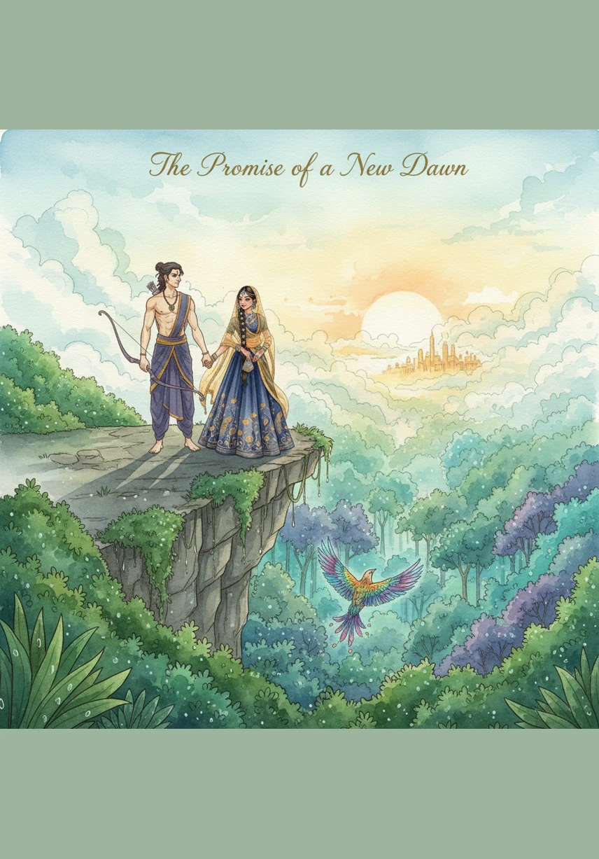 At the edge of a high cliff overlooking a rushing sacred river, they stand hand-in-hand as the guards close in. They choose to leap into the unknown together, preferring a life of uncertainty over a life of golden cages and separation.