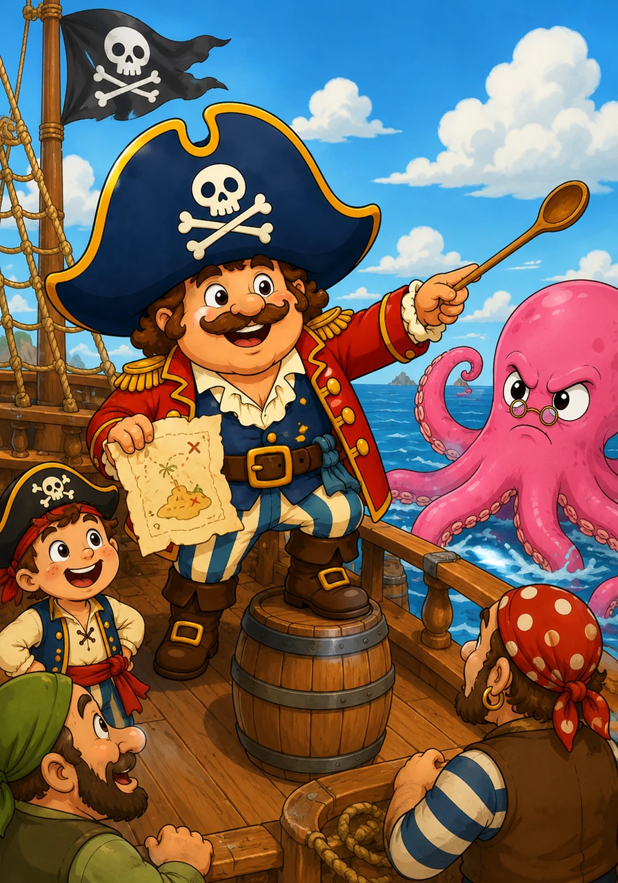 Captain Barnaby Butter-Bottom stands on the deck of his ship, the Silly Seagull, wearing a pirate hat that is much too big for his head. He holds a treasure map drawn on a messy dinner napkin and points toward the horizon with a long wooden spoon.