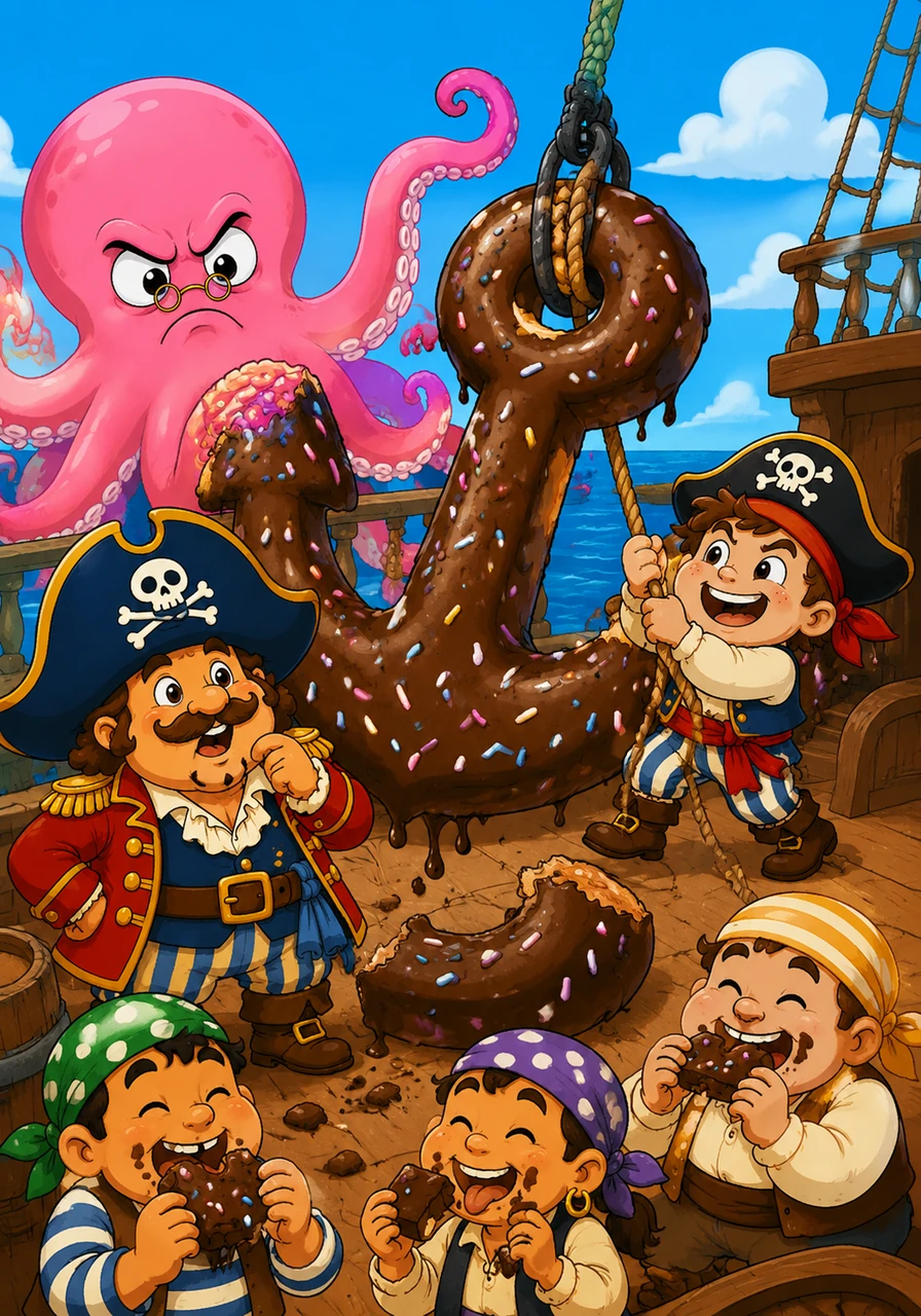 When the crew tries to pull up the anchor, they discover it has turned into a giant, heavy chocolate donut. The pirates have to eat their way through the delicious anchor before the ship can finally sail away into the blue waves.