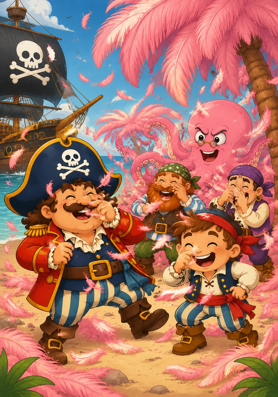 The ship arrives at Tickle Island, where the palm trees are made of giant, fluffy pink feathers. Every time the wind blows, the feathers tickle the pirates' noses, making the whole crew sneeze and giggle uncontrollably.