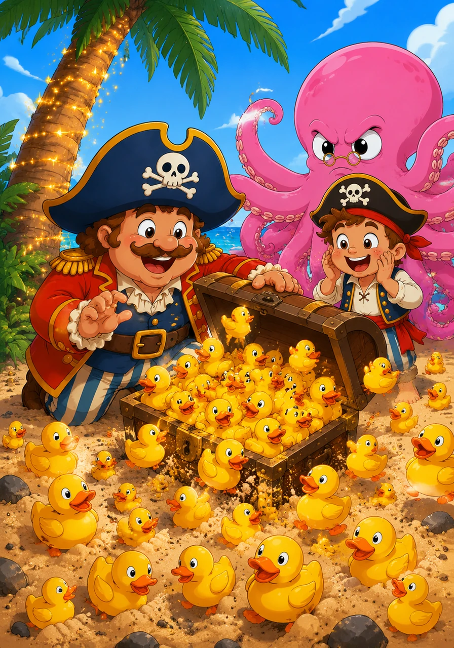 Barnaby finds a buried chest under a sparkly palm tree and flips the lid open with excitement. Instead of gold coins, the chest is overflowing with hundreds of squeaky yellow rubber ducks that bounce all over the sandy beach.