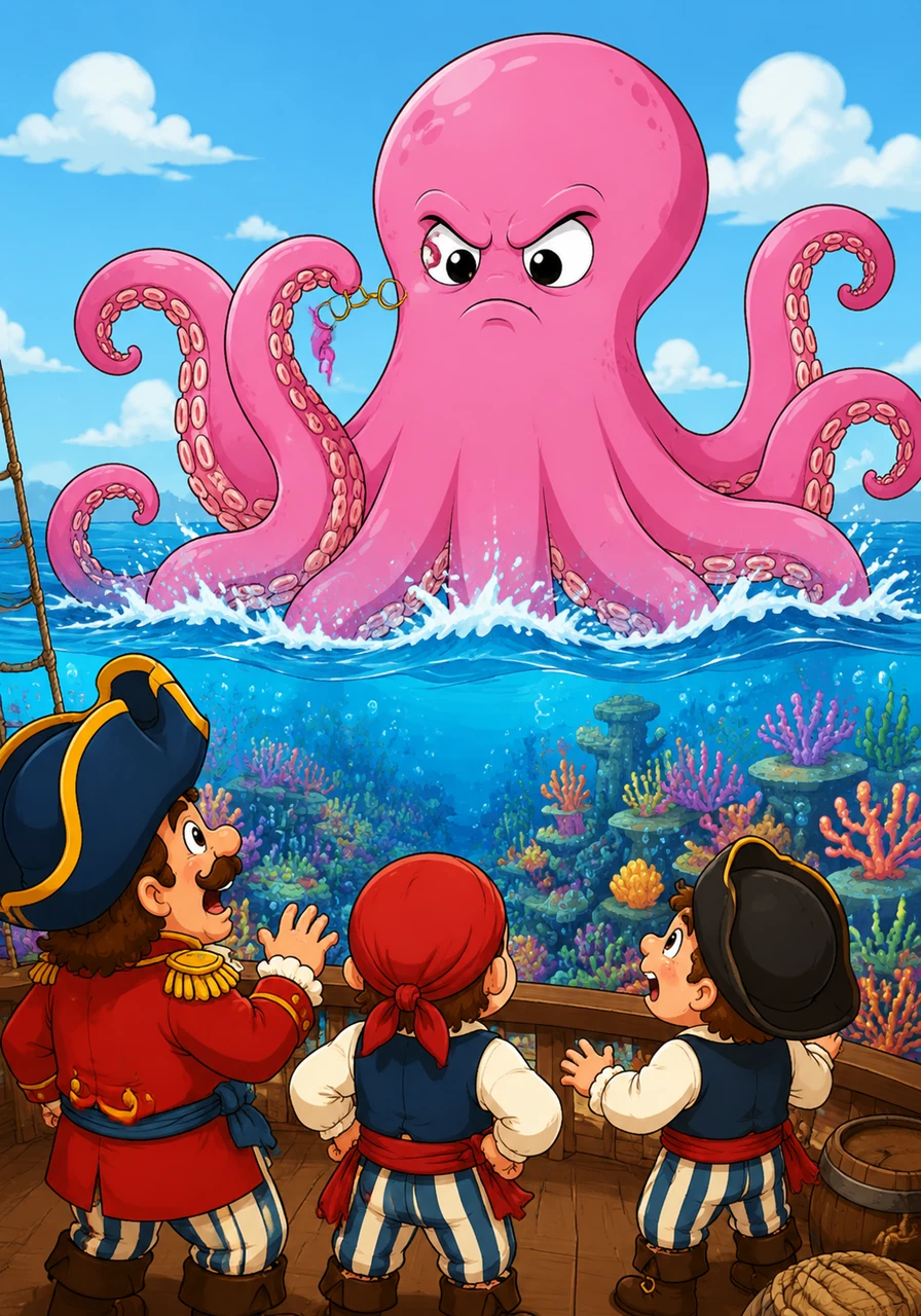 Suddenly, a giant pink octopus rises from the waves, looking very serious. But instead of being scary, the octopus pulls out a tiny pair of glasses and asks if anyone wants to play a game of hide-and-seek among the coral.