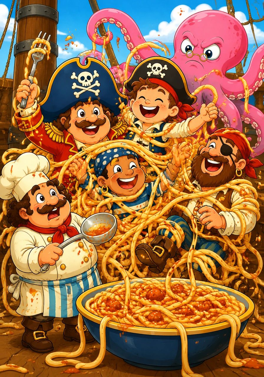 At lunchtime, the pirate cook accidentally serves a giant bowl of wiggly-wobbly spaghetti. The noodles are so long and slippery that the pirates end up tangled together in a big, happy knot of pasta and laughter.