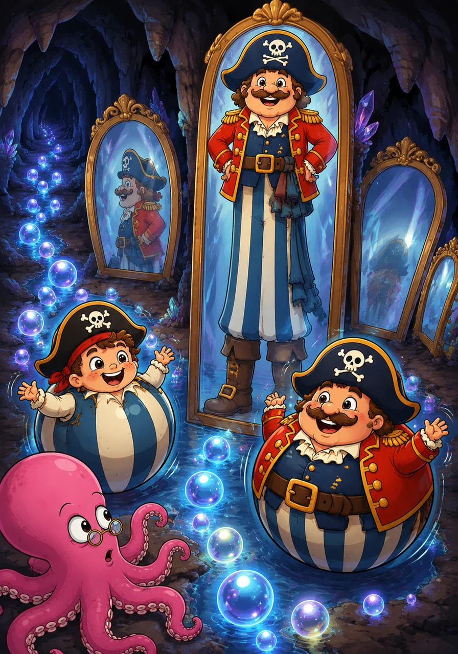 They follow a trail of glowing bubbles into a secret cave filled with magical mirrors. The mirrors make Captain Barnaby look as tall as a ship's mast and the crew look as round and bouncy as beach balls.