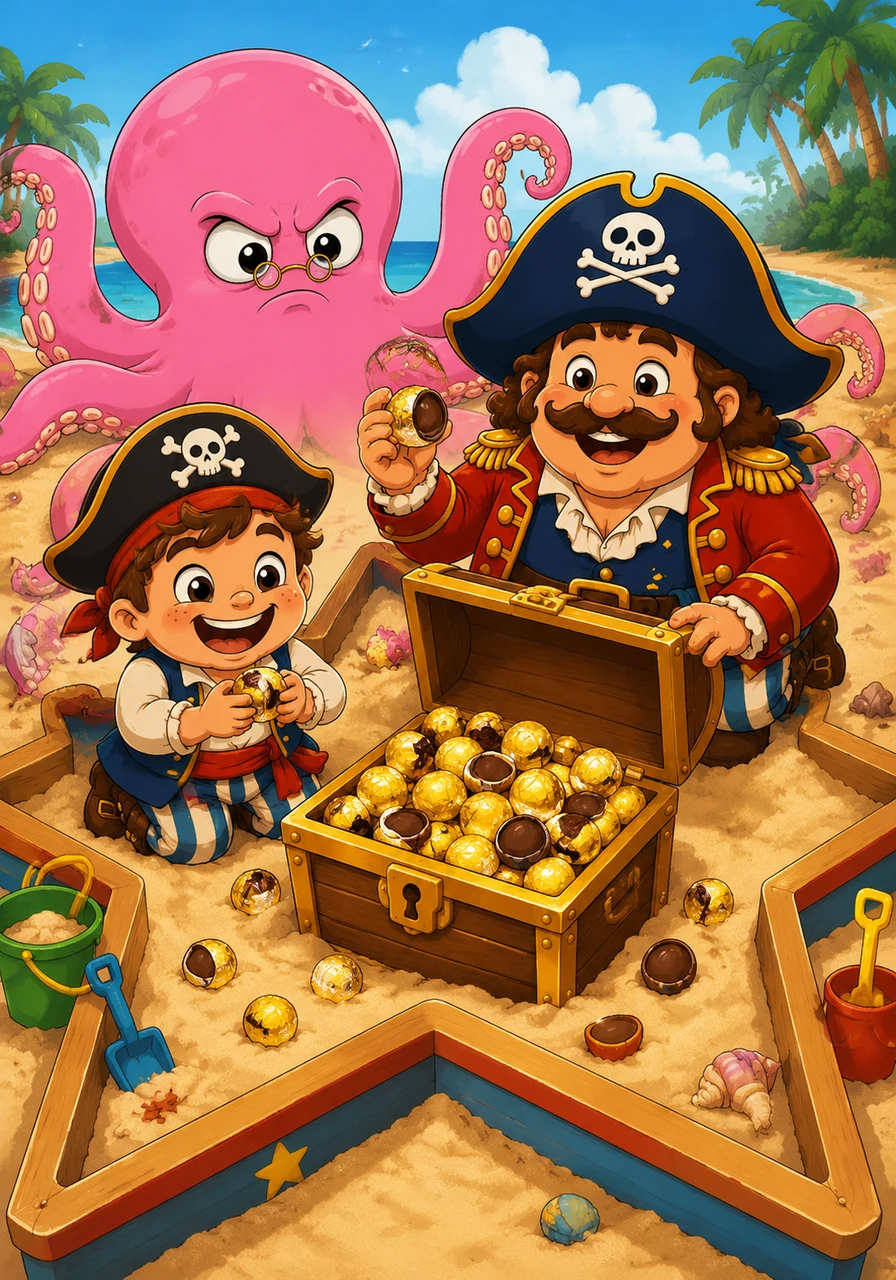 The final X on the map leads them to a giant sandbox shaped like a star. They dig together and find a treasure chest filled with shiny golden coins that turn out to be yummy milk chocolates wrapped in gold foil.