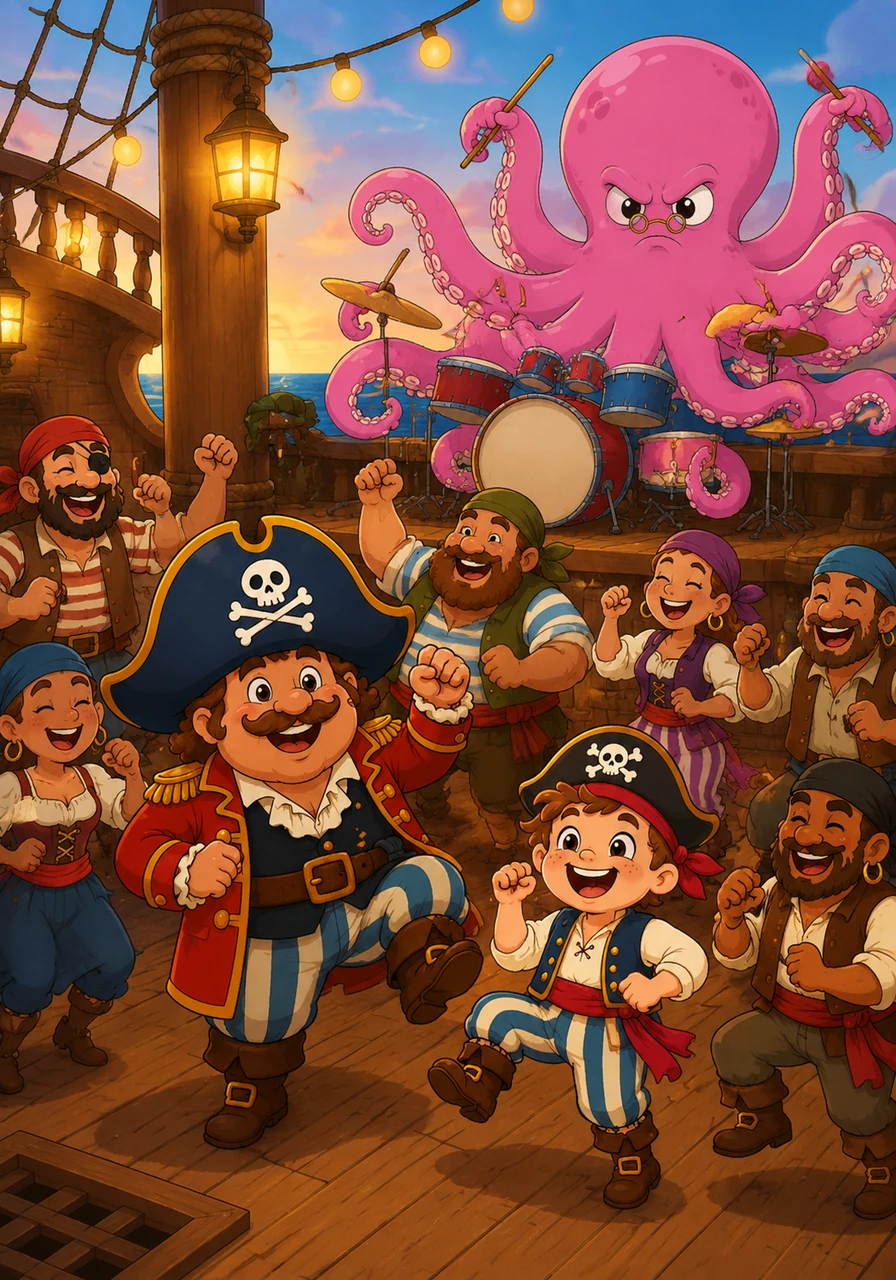 To celebrate their discovery, the pirates throw a grand dance party on the deck of the Silly Seagull. The giant octopus plays the drums on the side of the ship with all eight arms while everyone does the wobbly-legged pirate jig.