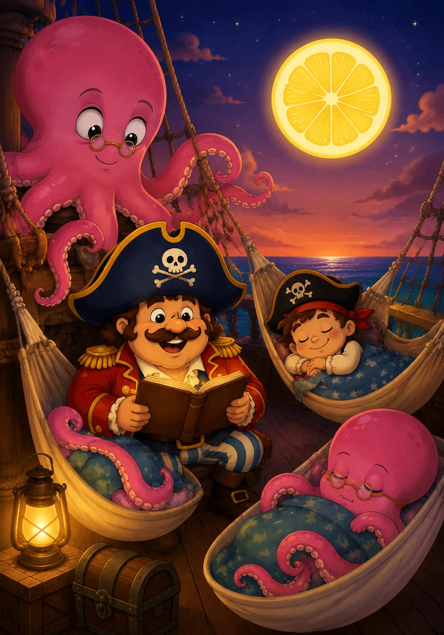 As the sun sets and the moon rises like a giant lemon slice, Captain Barnaby tucks his tired crew into their cozy hammocks. He reads them a bedtime story about the bravest little pirates in the world before they all drift off to sleep.
