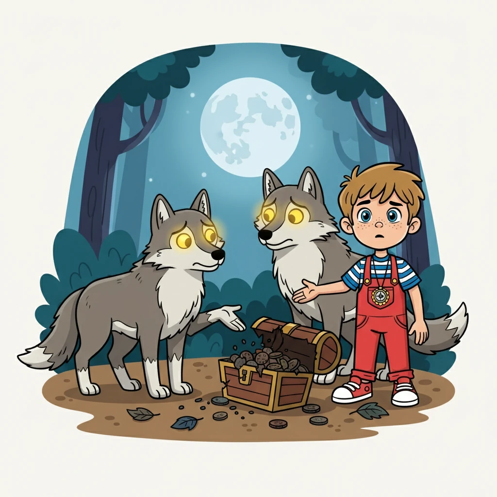 Les loups, avec leurs yeux brillants, lui racontèrent une histoire troublante. Des voleurs avaient volé le trésor de la forêt, et la misère régnait. Léo, plein de courage, décida d'aider les loups à récupérer le trésor.