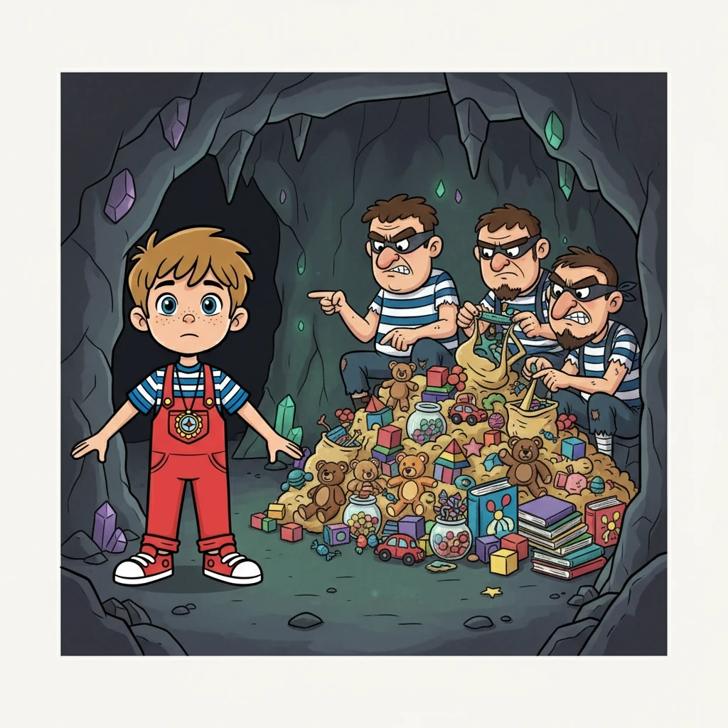 Ils arrivèrent au repaire des voleurs, une grotte sombre et effrayante. Les voleurs, avec leurs visages patibulaires, étaient en train de se partager le trésor volé : des jouets, des bonbons, et des livres.