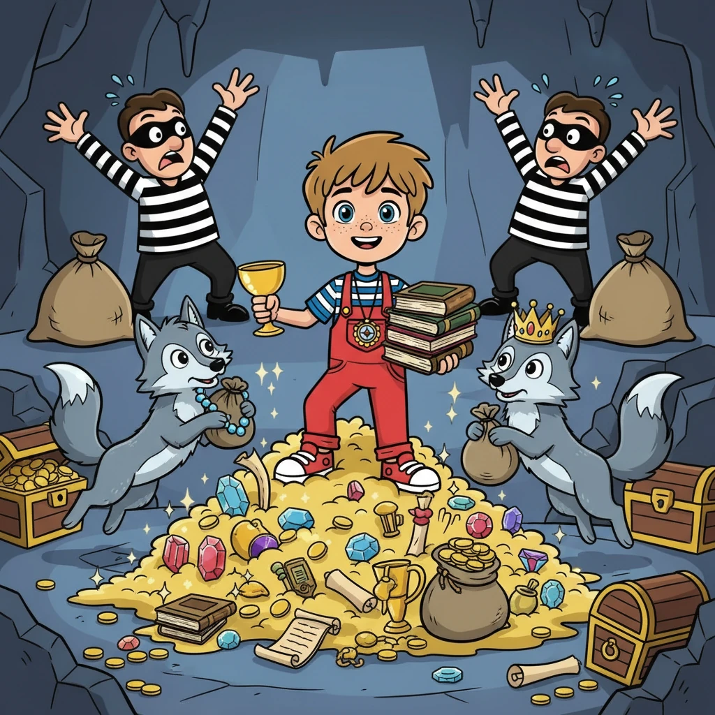 Pendant que les voleurs étaient distraits, Léo et les loups se jetèrent sur le trésor. Ils récupérèrent tous les objets volés. Les voleurs, pris au dépourvu, ne purent rien faire.