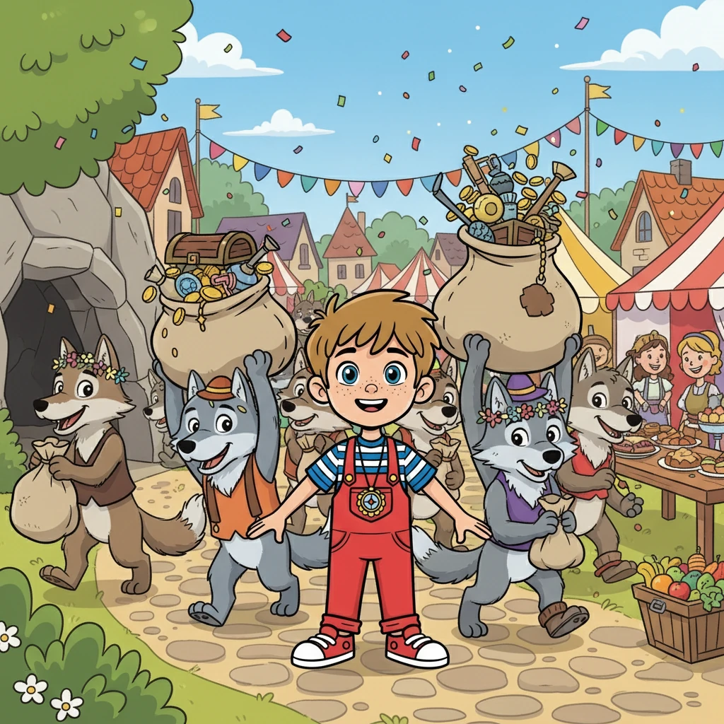 Les loups et Léo sortirent de la grotte, chargés du trésor. Ils retournèrent au village, où ils organisèrent une grande fête pour célébrer la victoire contre les voleurs.