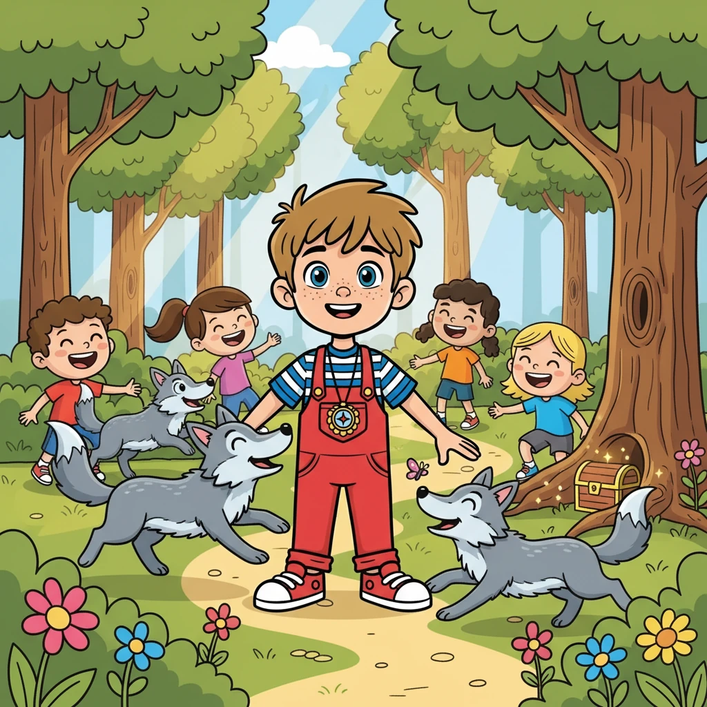 Les loups, heureux d'avoir retrouvé le trésor, devinrent les amis de tous les enfants du village. Ils jouaient ensemble dans la forêt, partageant des rires et des aventures.