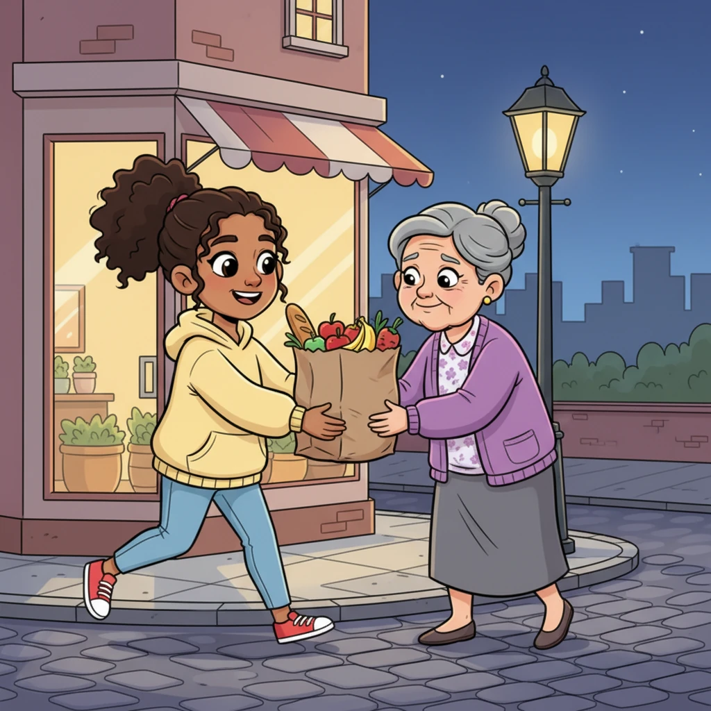 Later that evening, while heading to the corner store, Lily spotted an elderly woman struggling with a bulky bag of groceries, almost dropping them. Despite her own heavy heart, Lily rushed forward without a second thought, her smile warm and genuine. She gently took the heavy bag, guiding the grateful woman safely to her doorstep with a lighthearted chat.