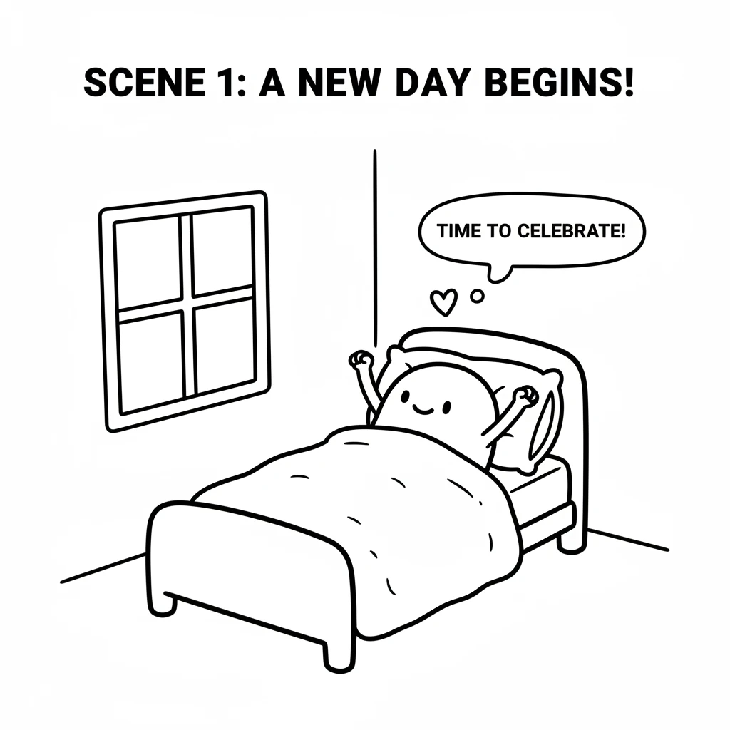 Pip, a small, round creature, wakes up in a cozy bed. A tiny heart shape floats above Pip's head, showing excitement for the day. Pip stretches big, r
