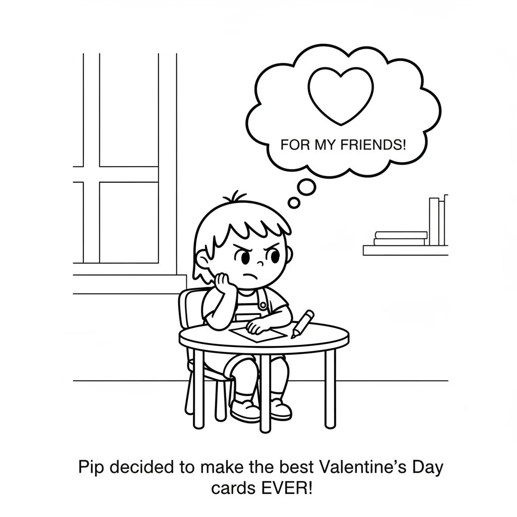 Pip sits at a small table, thinking hard. A big, empty thought bubble above Pip's head shows a heart. Pip decides to make the best Valentine's Day car