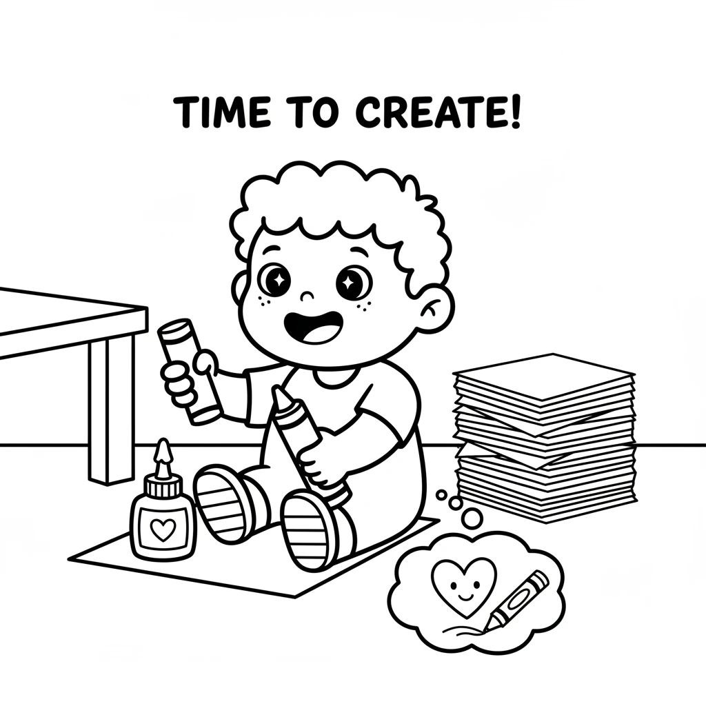 Pip gathers supplies: a stack of plain paper, a chunky crayon, and a drippy glue bottle. Everything is simple and ready for art time. Pip's eyes spark