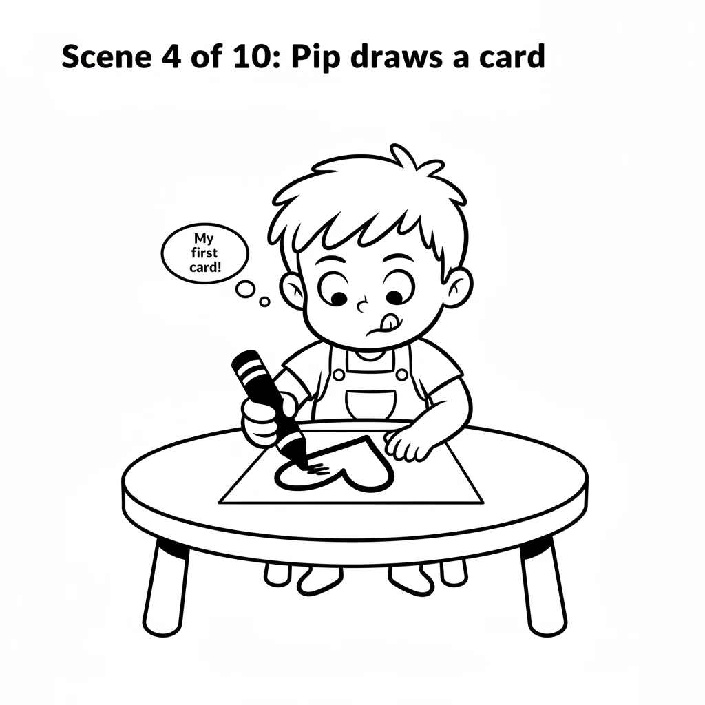 Pip holds the crayon firmly, drawing a big, wobbly heart on a piece of paper. The line is bold and clear, showing careful effort. Pip's tongue pokes o