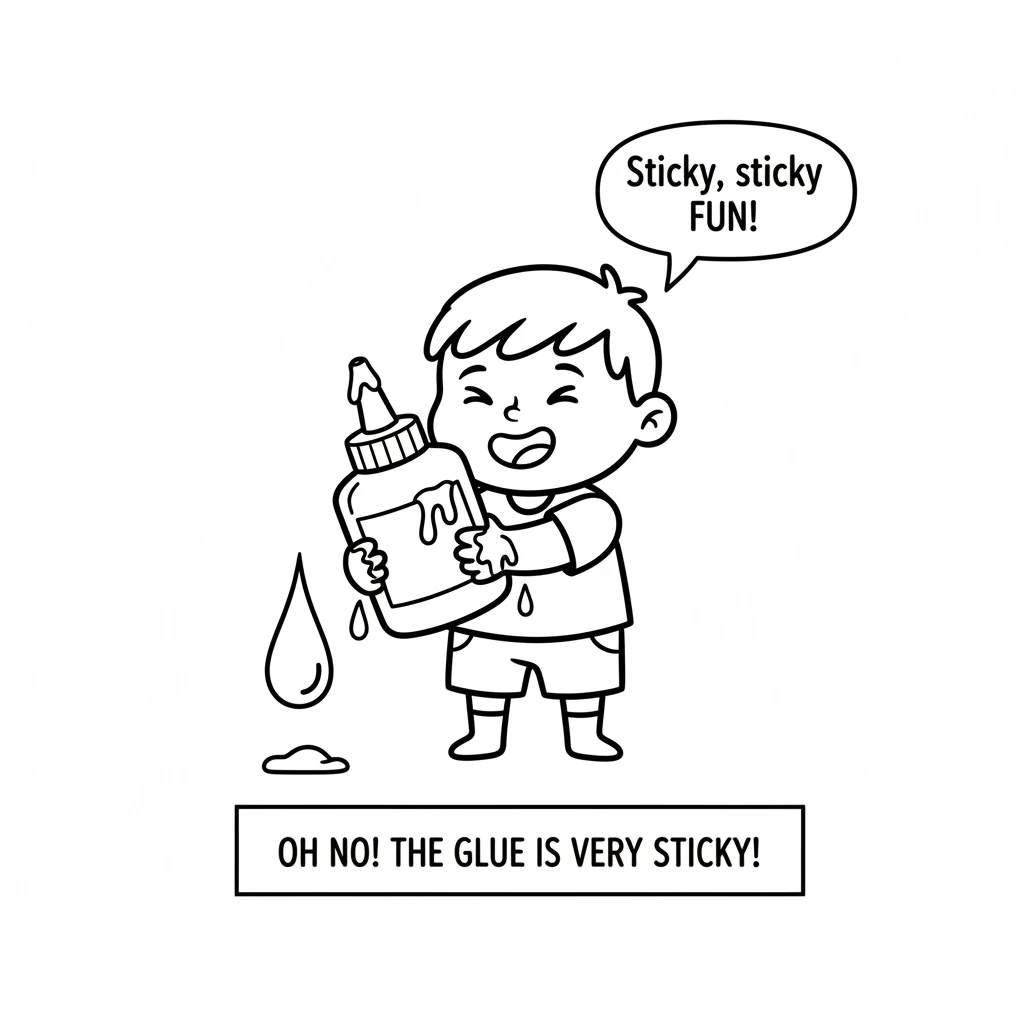 Oh no! The glue is very sticky. Pip's small hands are covered in a few messy drips, making a funny face. A big drop of glue hangs from the bottle, rea