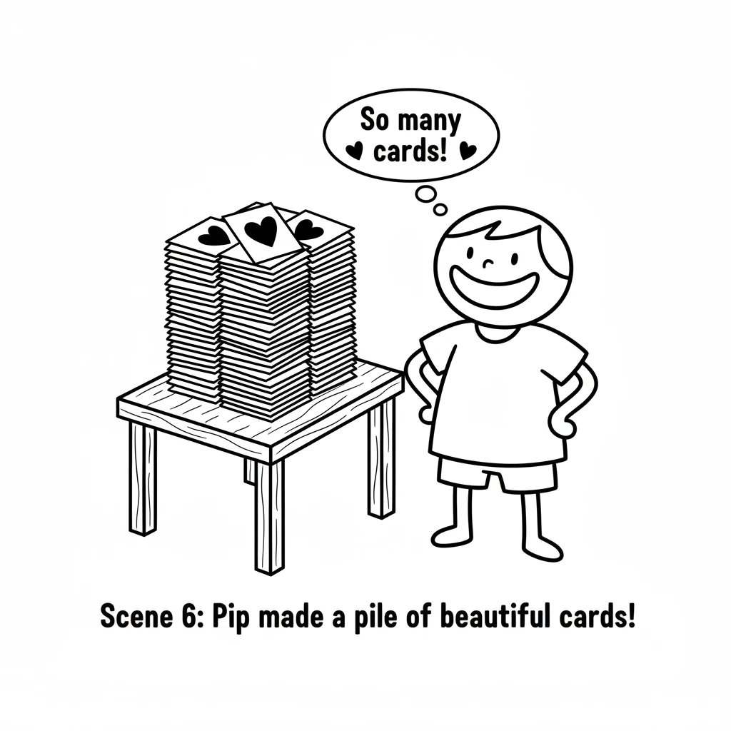 Finally, a pile of finished cards sits neatly on the table. Each card has a simple, bold heart drawn on it. Pip stands next to them, hands on hips, be