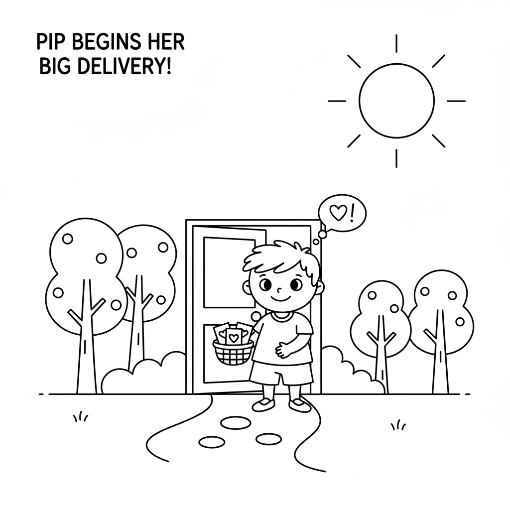 Pip steps outside, holding a small basket full of cards. The path is simple, leading into a friendly forest. A few round trees line the way, and the s