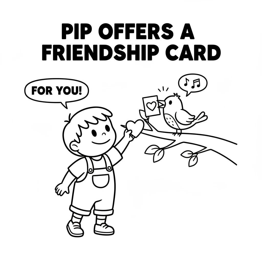Pip finds a little bird perched on a branch. Pip gently hands the bird a heart card, offering a sweet gesture. The bird chirps happily, holding the ca