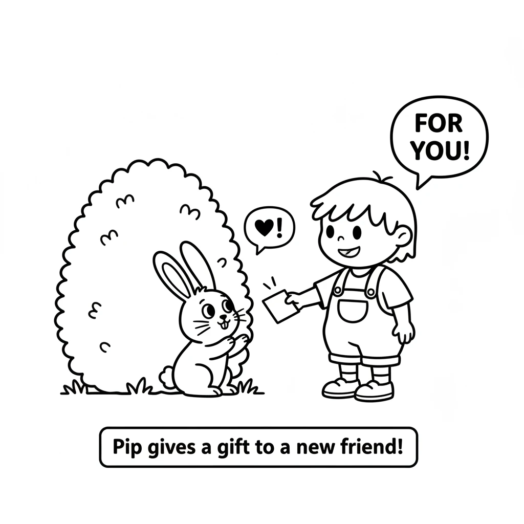Next, Pip spots a sleepy bunny near a bush. Pip offers a card, and the bunny's ears perk up with surprise. The bunny takes the card with its paws, its