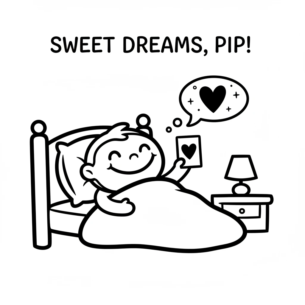 Pip returns home, feeling warm and loved. In Pip's hand is a card received from a friend, a simple heart drawn on it. Pip is snuggled happily in bed,