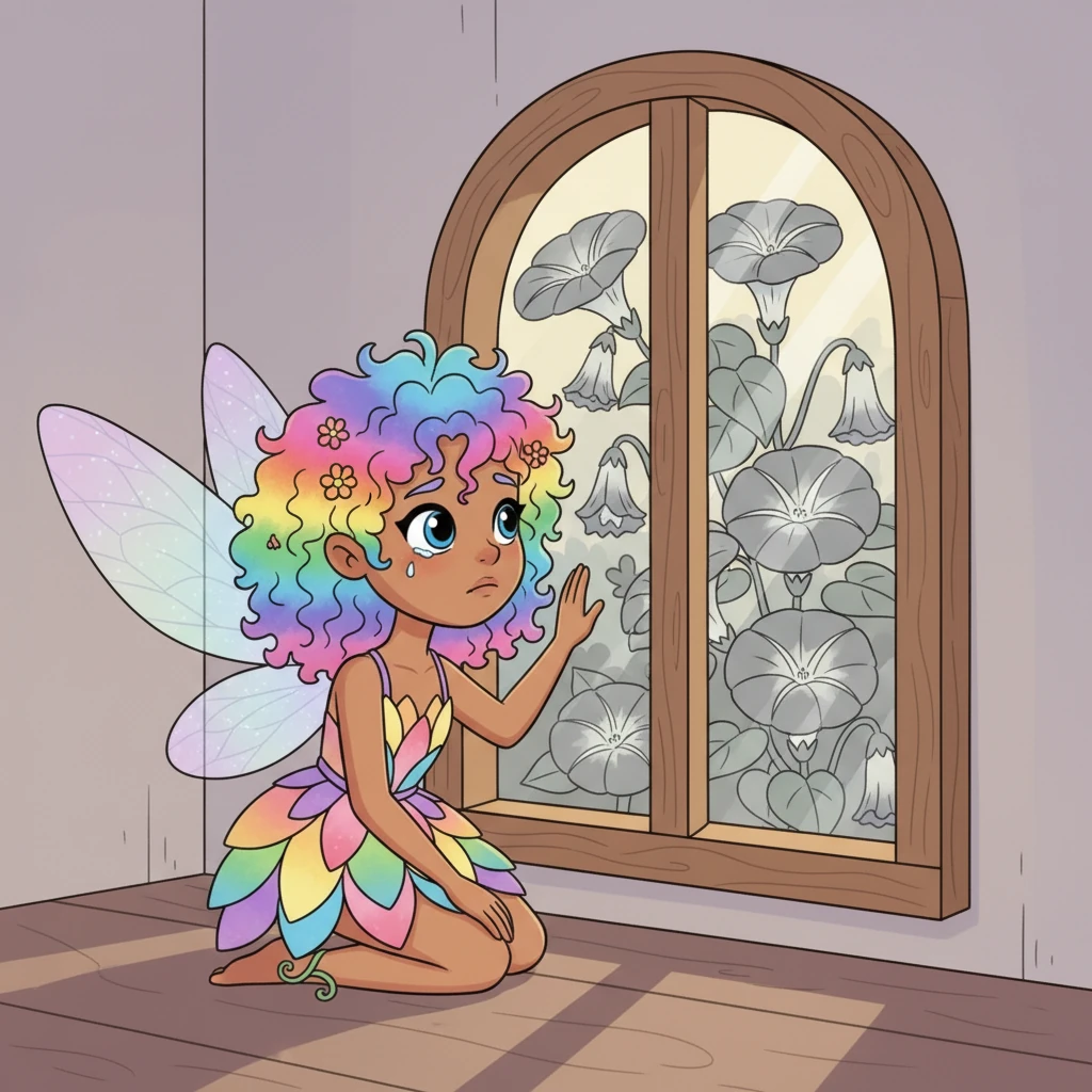 One morning, Lumina woke to find a strange dullness in the air. The usually brilliant morning glory flowers outside her window were pale and muted, their vibrant blues and purples faded to a dull grey. A tiny tear formed in her eye as she realized the colors were disappearing from her beautiful world.