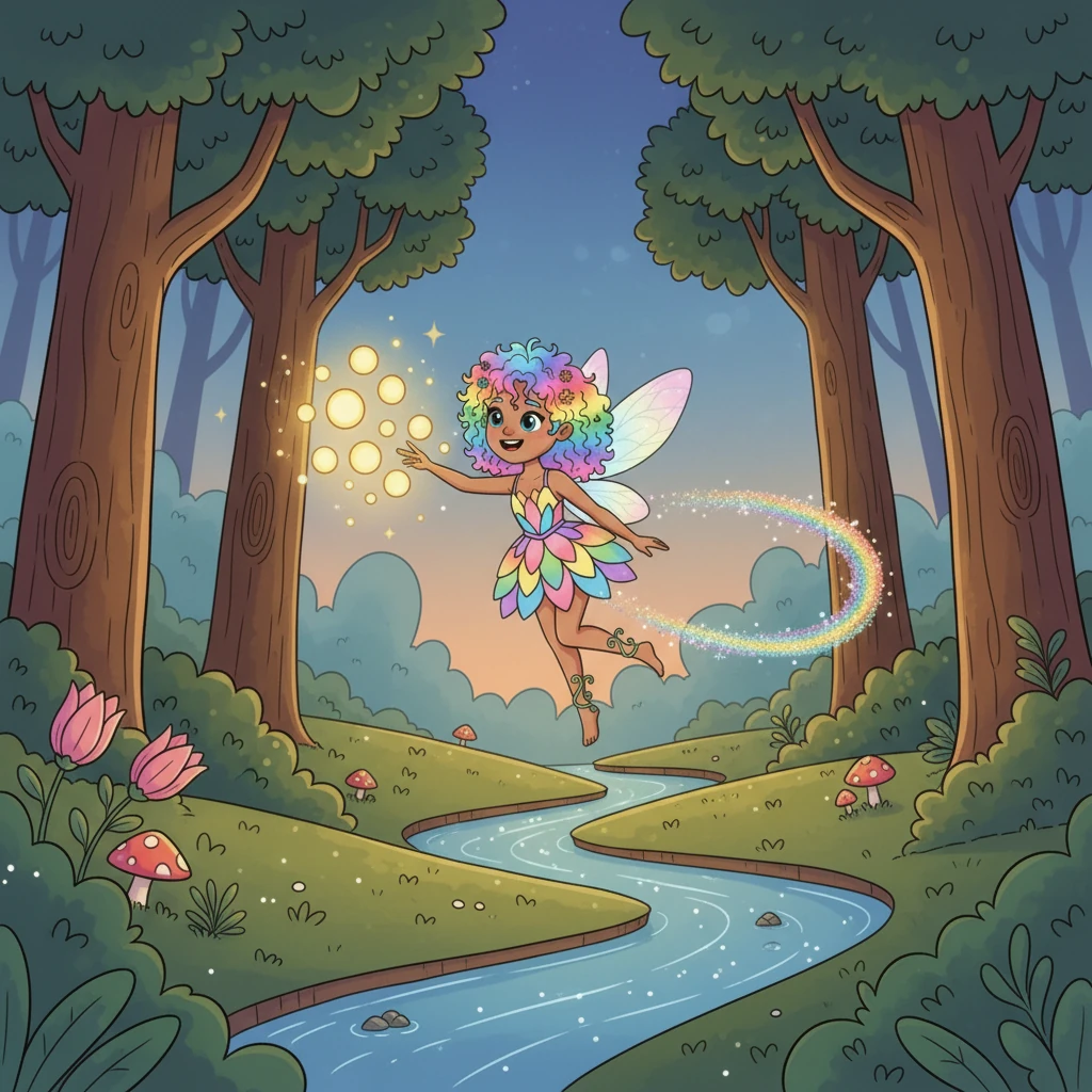Determined to save her colorful home, Lumina packed a tiny pouch of stardust and set off on her quest. Her journey took her through winding paths, past glowing fireflies, and over sparkling streams that now looked a little less bright. She hummed a hopeful tune as she flew, her own wings still bravely vibrant.