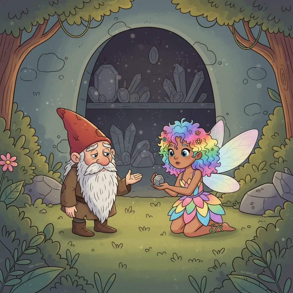 Along the way, she encountered Pip, a grumpy but kind-hearted gnome who guarded the Glittering Grotto. Pip was sad because his precious gemstones had also lost their shine, appearing dull and lifeless. Lumina explained her quest, and Pip, seeing her unwavering determination, decided to join her, offering his knowledge of the forest.