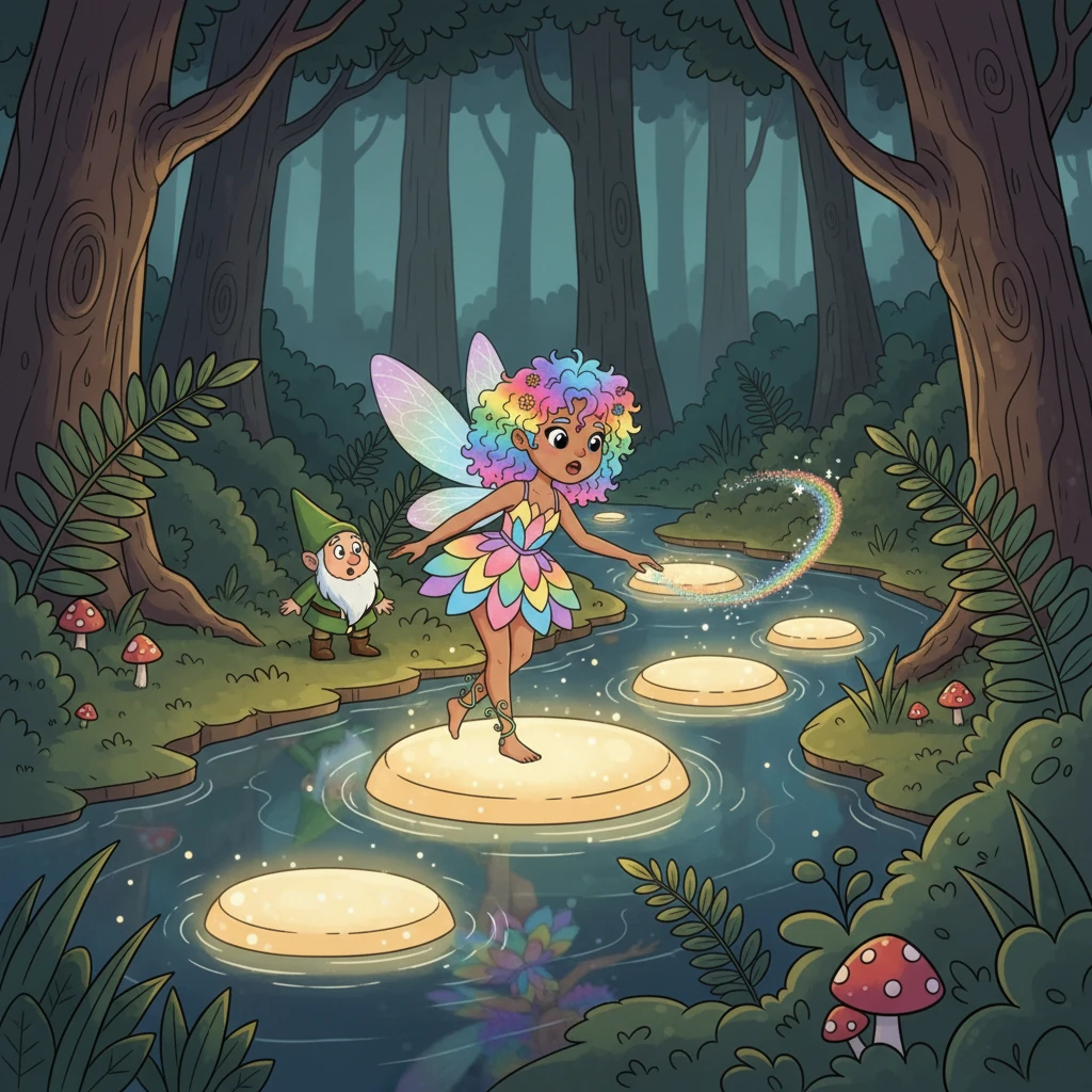 They reached the Shimmering Stream, but the stepping stones had faded and were hard to see in the dim light. Lumina used her remaining color magic to briefly brighten a few stones, creating a temporary path. She carefully guided Pip across, her small act of magic impressing the cautious gnome.
