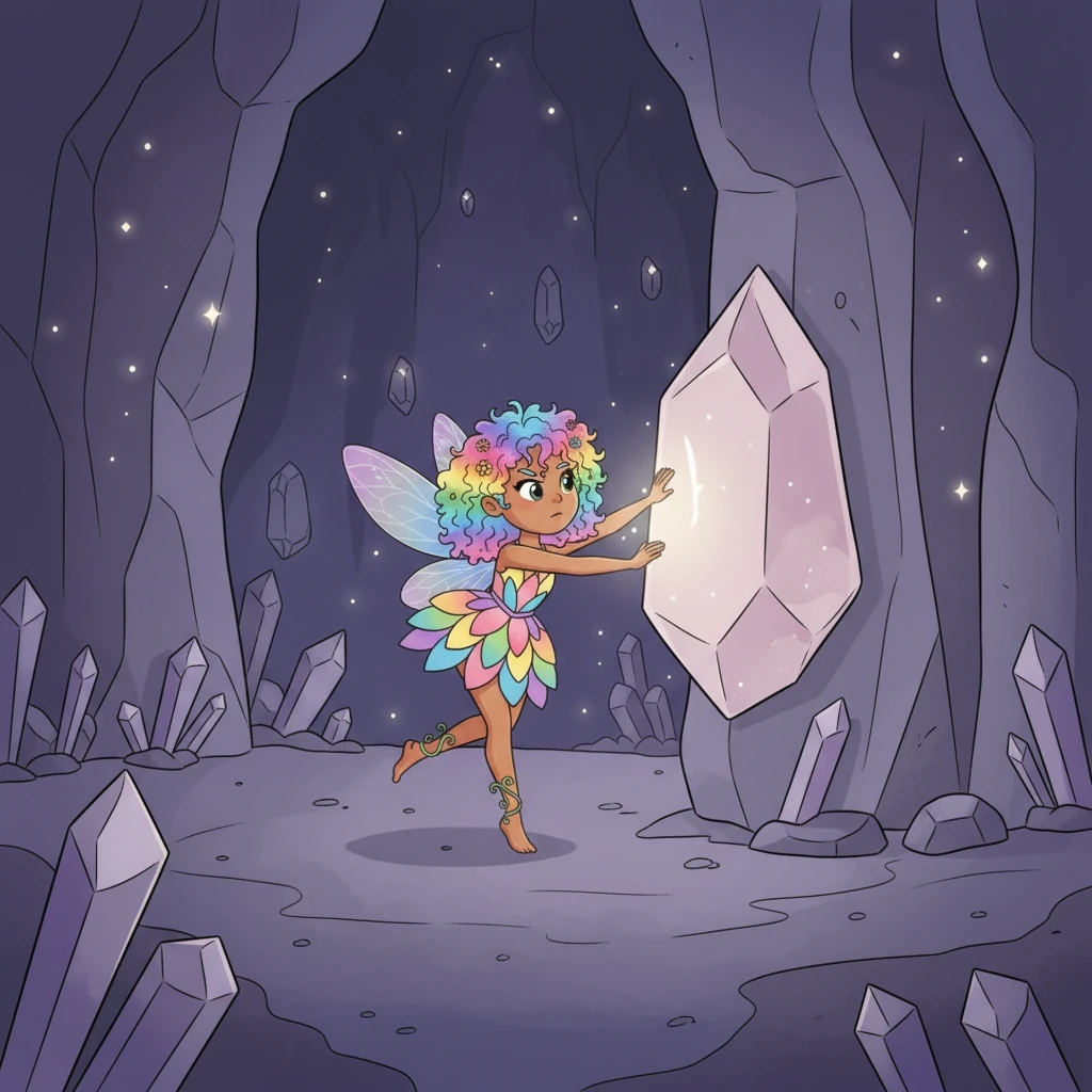 They finally arrived at the Crystal Caverns, where the Heartstone of Color rested. The cavern was usually a dazzling display of light and reflections, but now it was dim and quiet, with the Heartstone barely glowing in the center. Lumina felt a pang of sadness but also a surge of renewed determination.