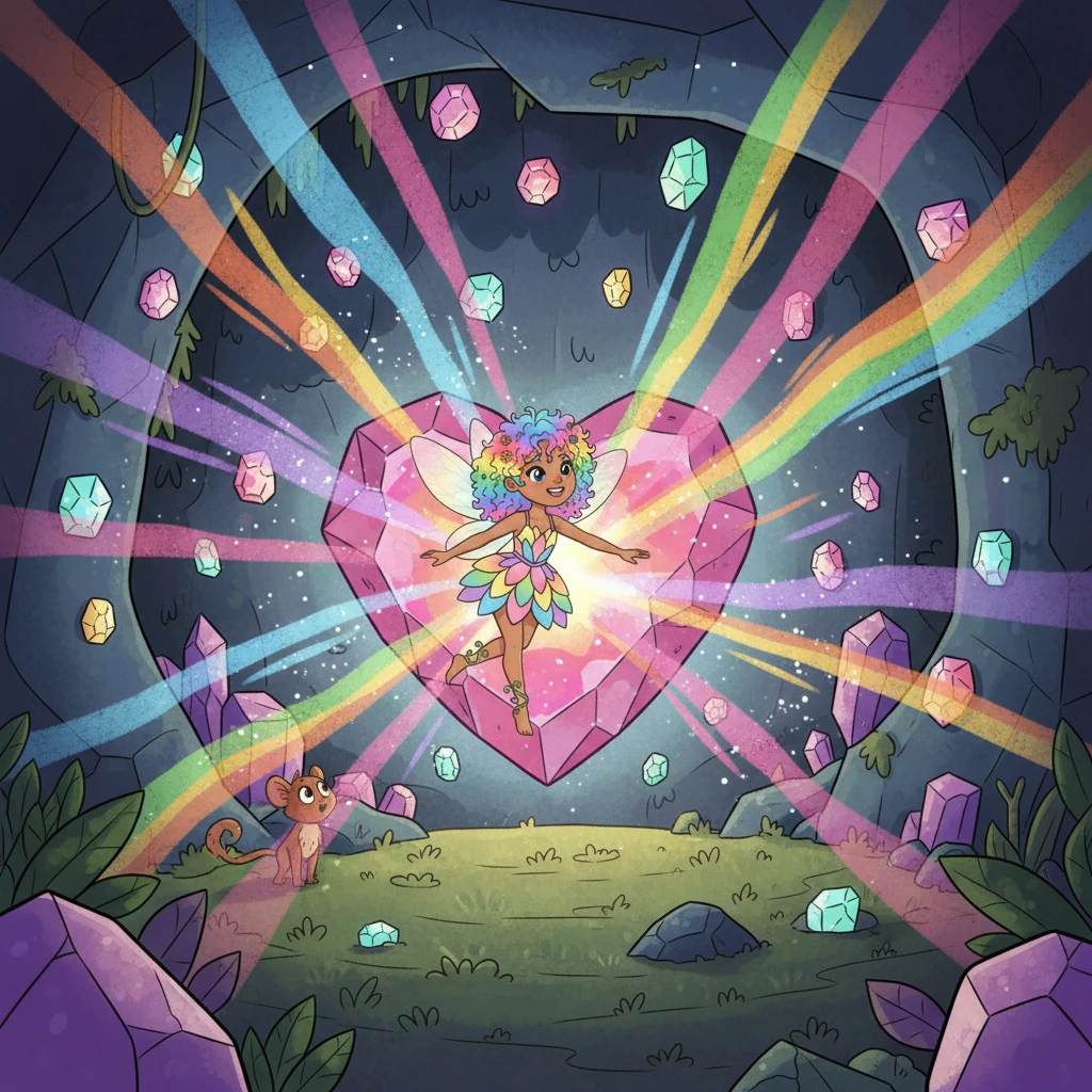 As Lumina sang, the Heartstone slowly began to pulse with light, first faintly, then brighter and brighter. Rainbow hues burst forth from its core, rushing through the caverns and out into the forest like a wave. Pip watched in awe as his gemstones instantly regained their dazzling sparkle and shine.