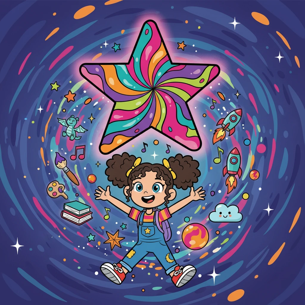 A Estrela da Imaginação, brilhante e colorida, estimulou a criatividade de Beatriz.